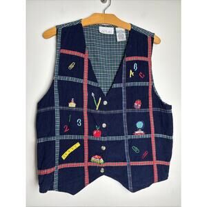 Casey & Max Teacher Vest Size L Blue Corduroy Plaid Embroidered Applique Novelty
